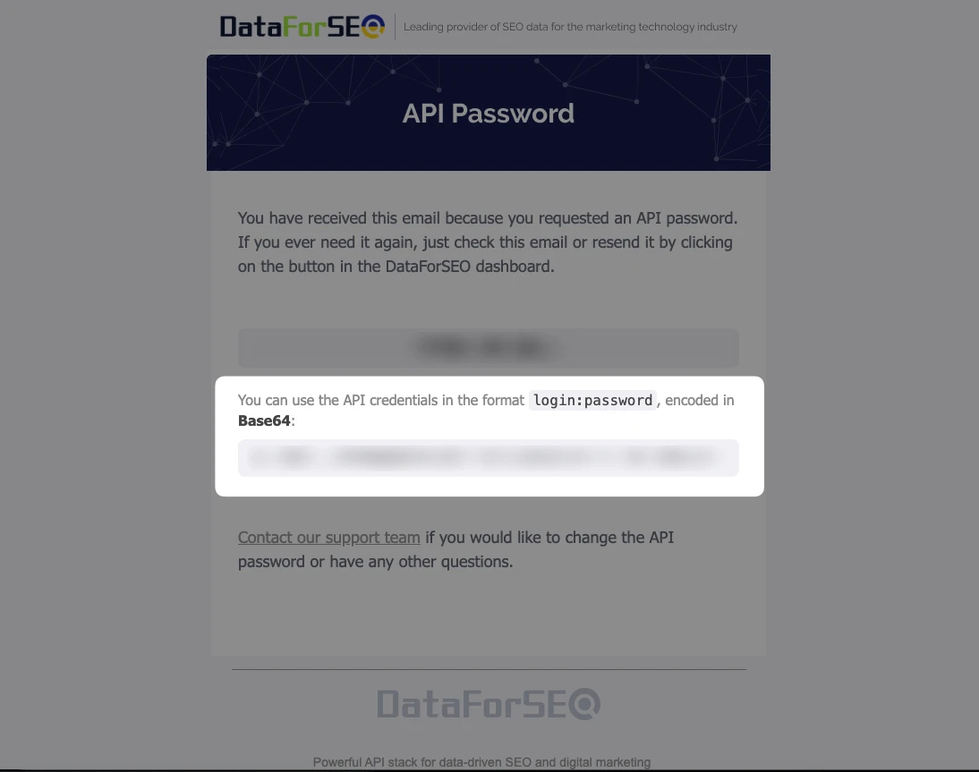 The DataForSEO API password email, showing the plain password and the Base64-encoded login:password below it