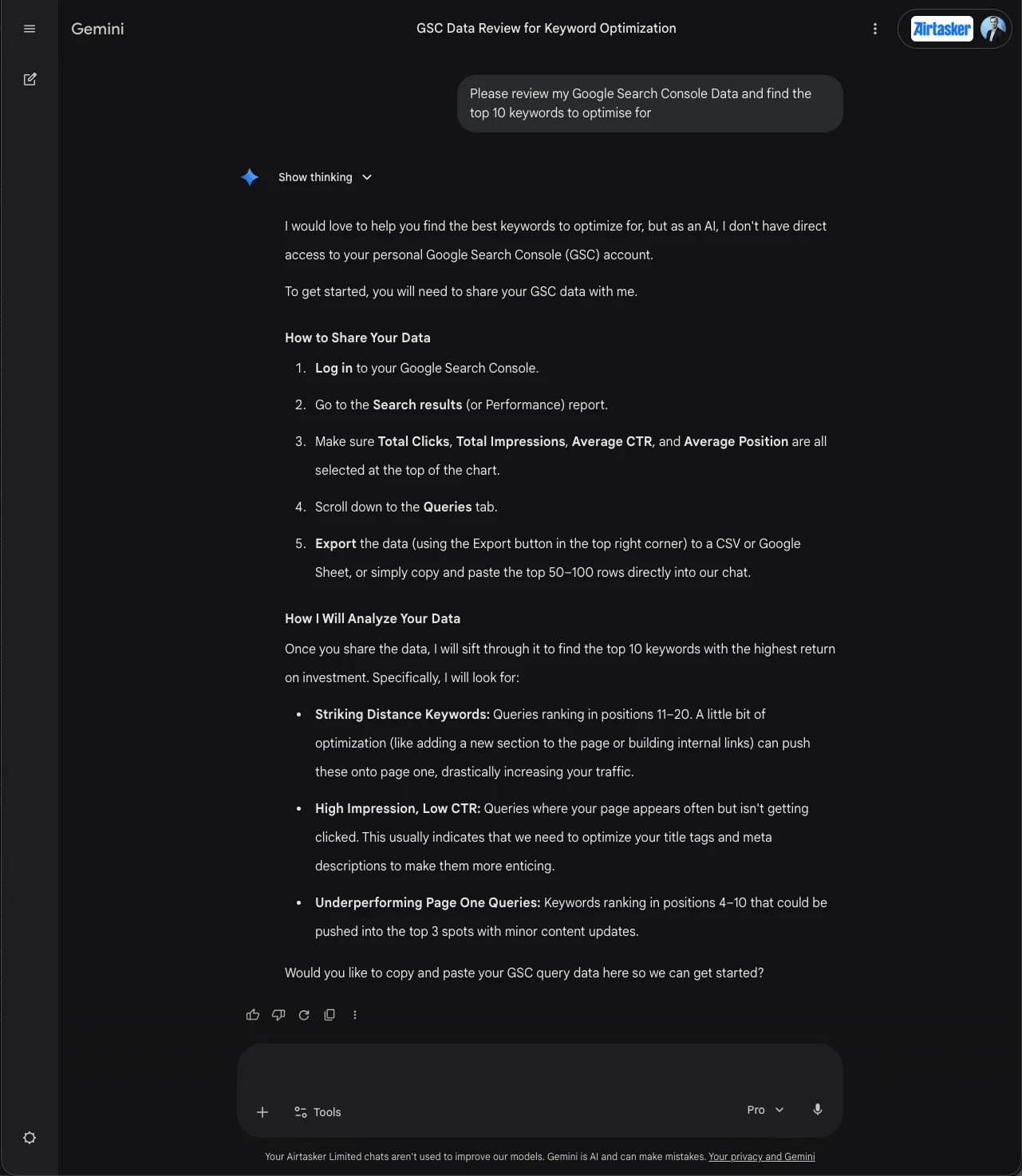 The Gemini chat app can't access your Search Console data; it just asks you to export and paste the data manually