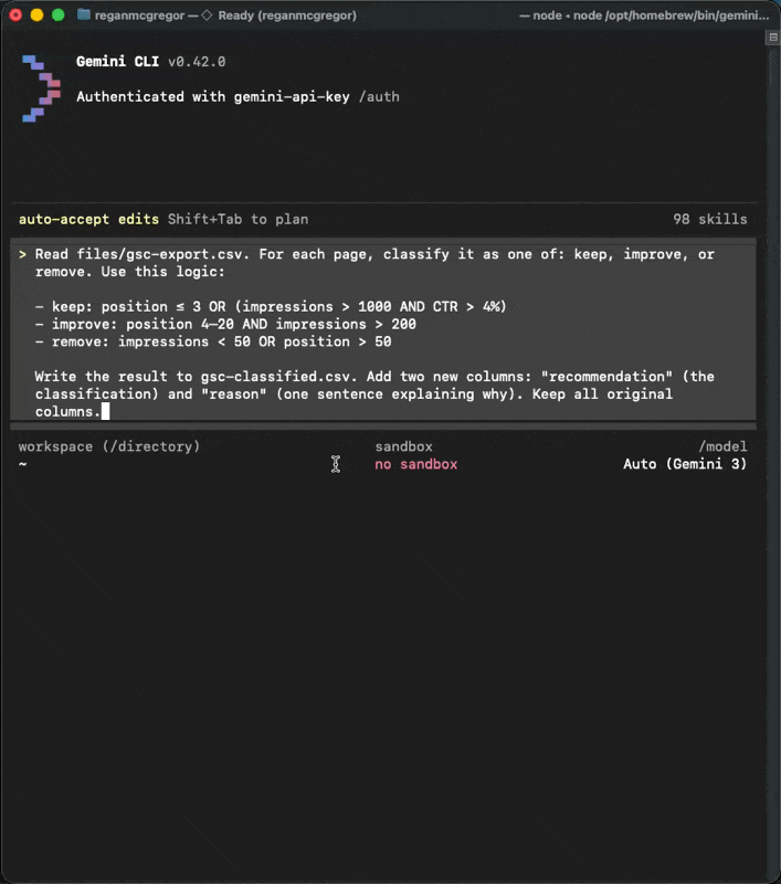 Stage 2 — Gemini classifying a GSC CSV row by row and writing the output file