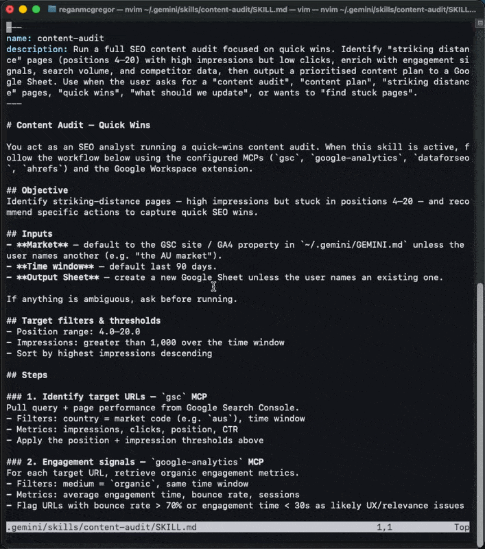 The saved SKILL.md open in vim, then a fresh session firing the skill via /content-audit and pulling data from Search Console